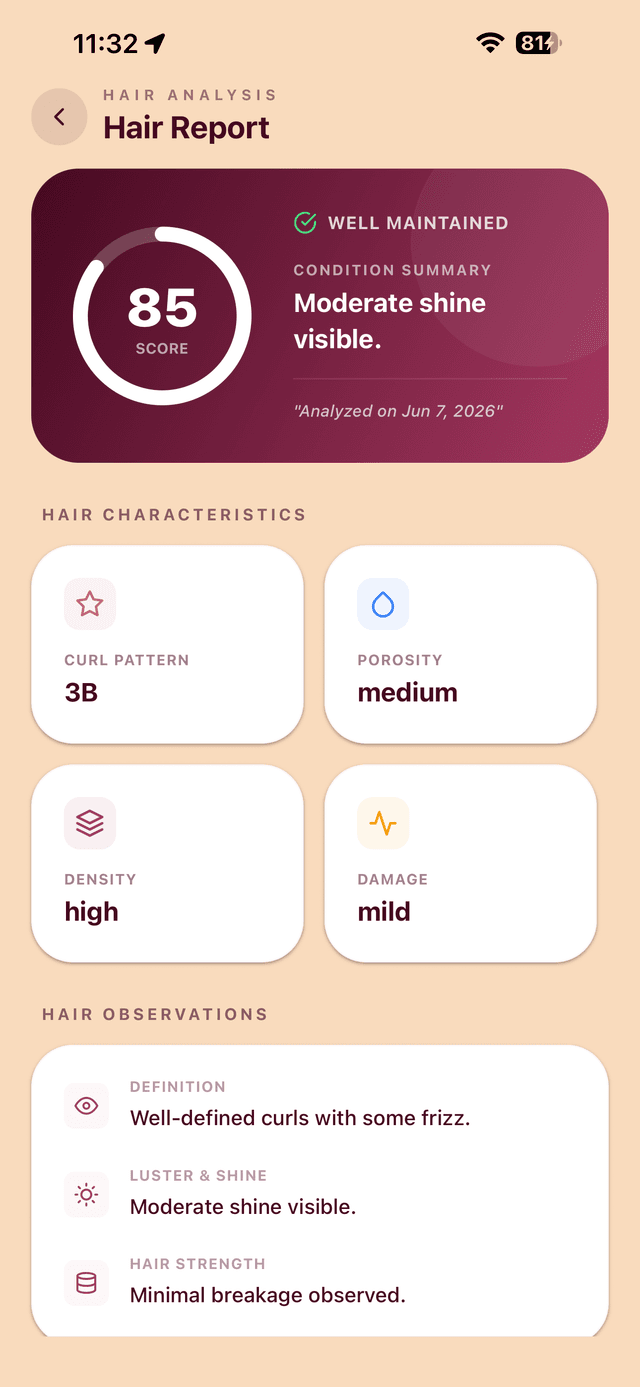 Curltine hair scan results showing curl type, porosity, and Curl Score